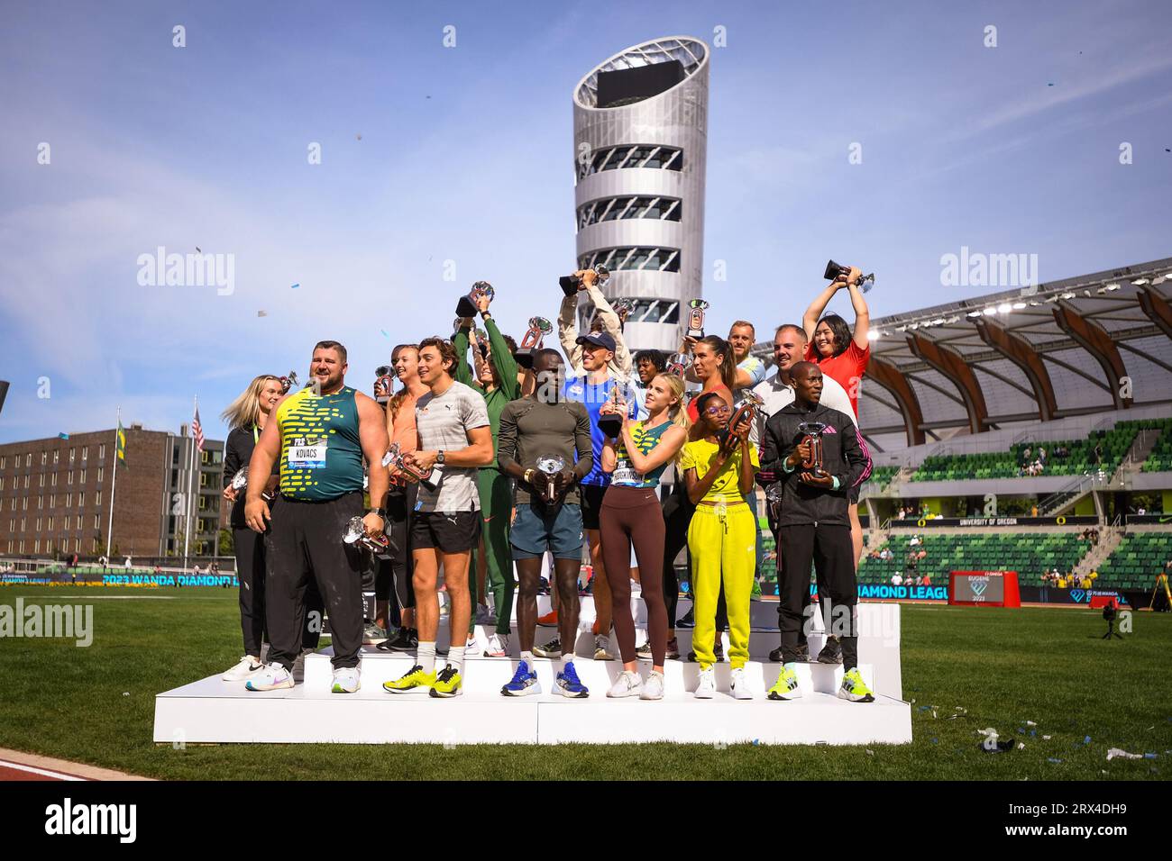 All winners stand on the podium at the trophy ceremony at the Diamond League Championships at The Pre-Classic on Sunday September 17, 2023, in Eugene, Stock Photo