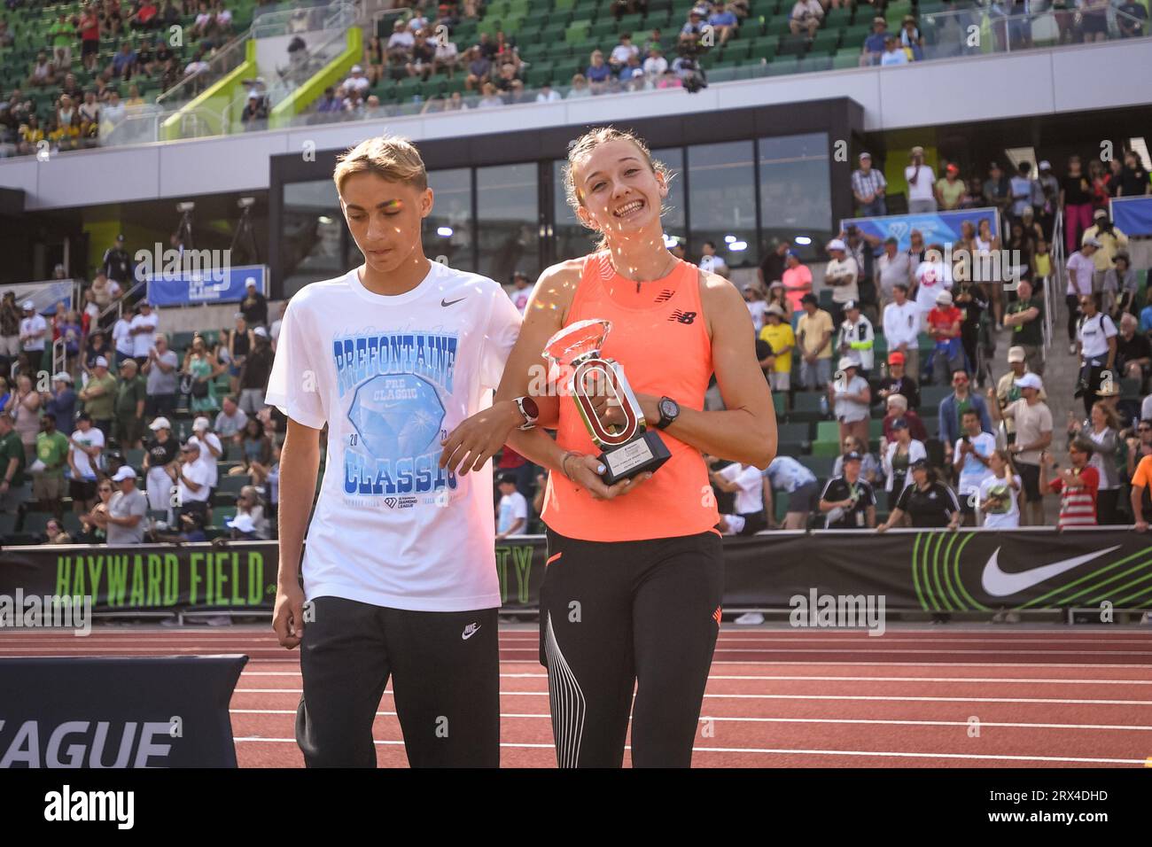 Femke Bol (NED) walk out onto the field for the trophy ceremony at the Diamond League Championships at The Pre-Classic on Sunday September 17, 2023, i Stock Photo