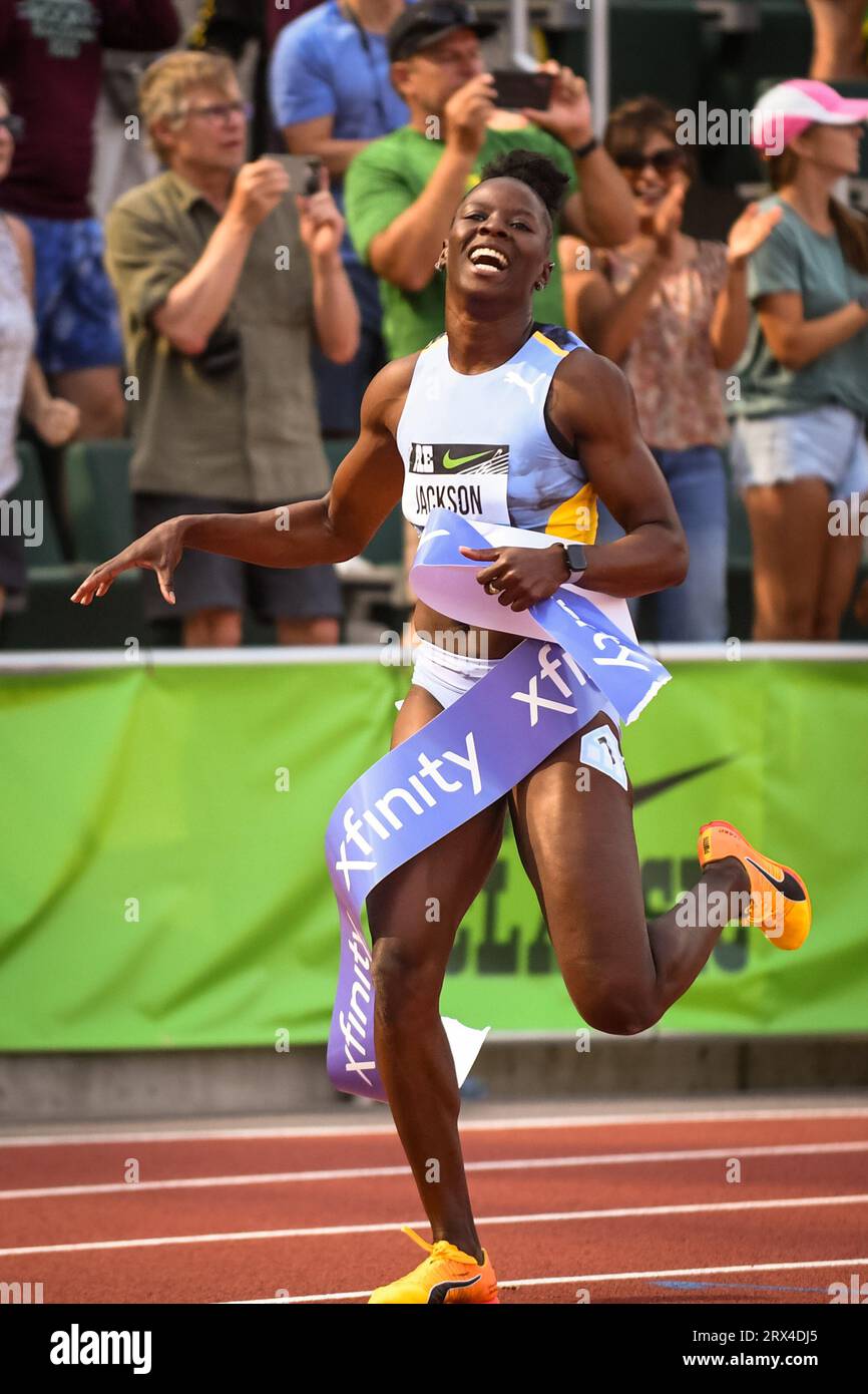 Shericka Jackson (JAM) wins the women’s 200m in 21.57 at the Diamond League Championships at The Pre-Classic on Sunday September 17, 2023, in Eugene, Stock Photo