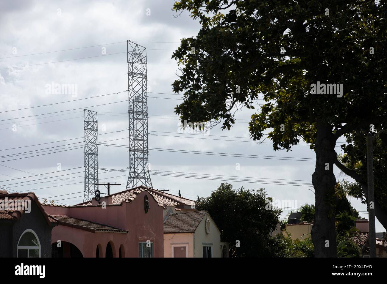 Transmission tower power lines run through a neighborhood in South Gate
