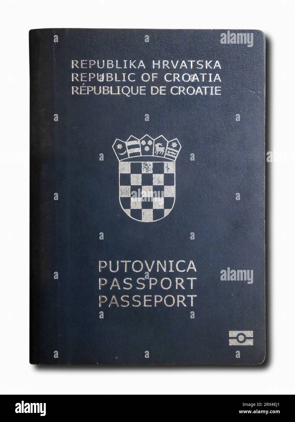 Close-up on a Croatian passport isolated on a white background. Stock Photo
