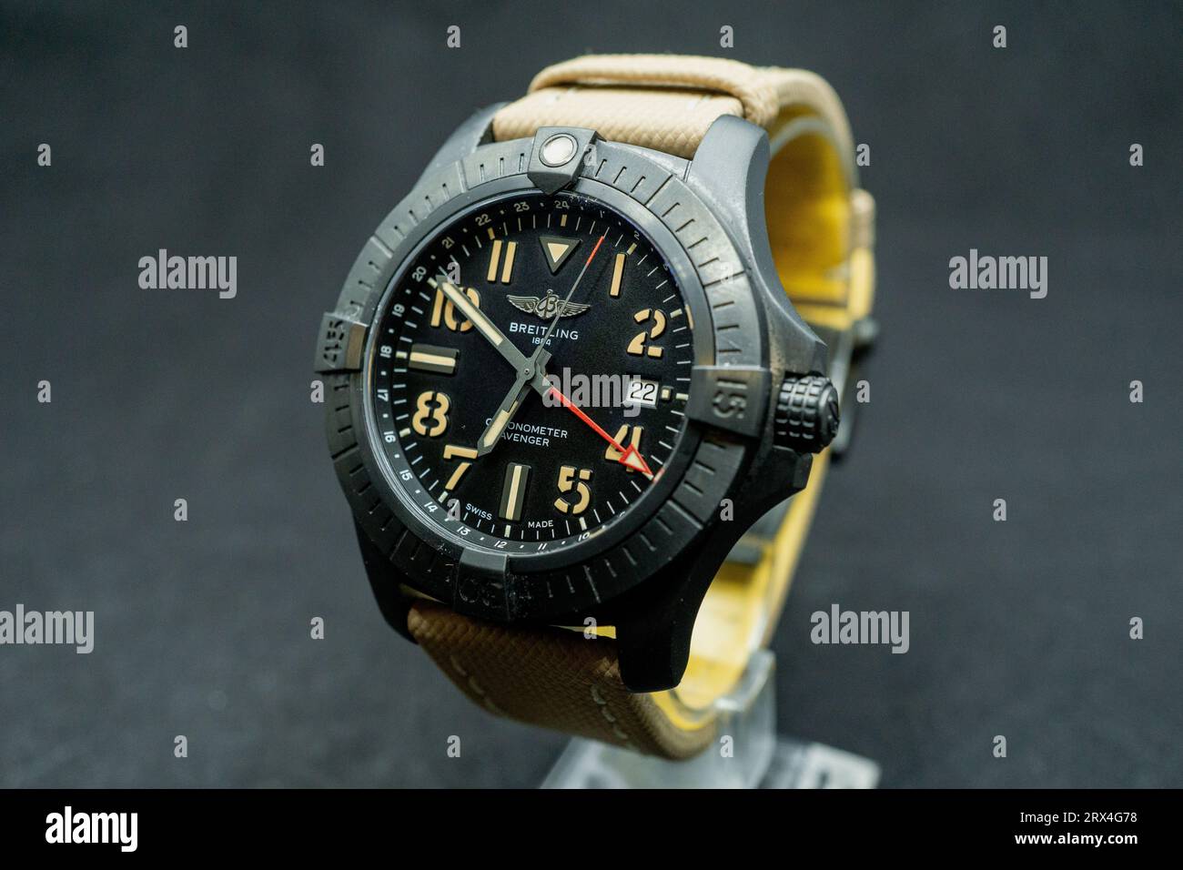 images of the Breitling Avenger night-mission GMT, a travel and dive-capable watch in DLC titanium Stock Photo
