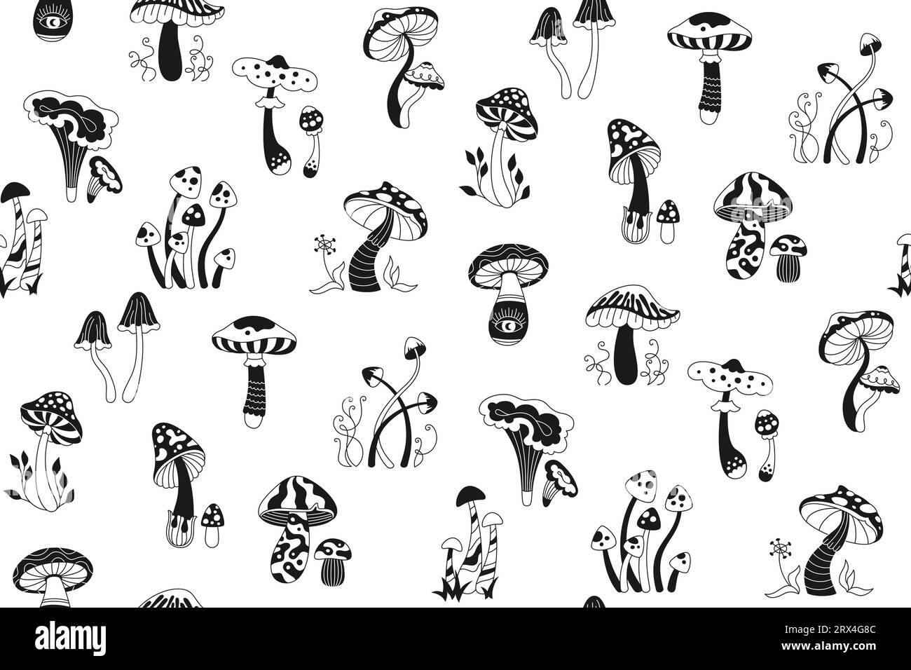 Mushrooms boho magic seamless pattern. Poisonous psychedelic mushroom black and white endless background, doodle style wrapper. Magic fungus repeat ornament template for fabric flyer, card, postcard Stock Vector