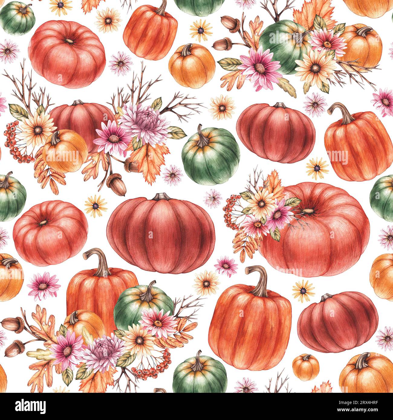 Watercolor pattern with pumpkins on a white background. Hand drawn pumpkins with flowers. Seamless autumn pattern for fabric, textile, clothing, inter Stock Photo