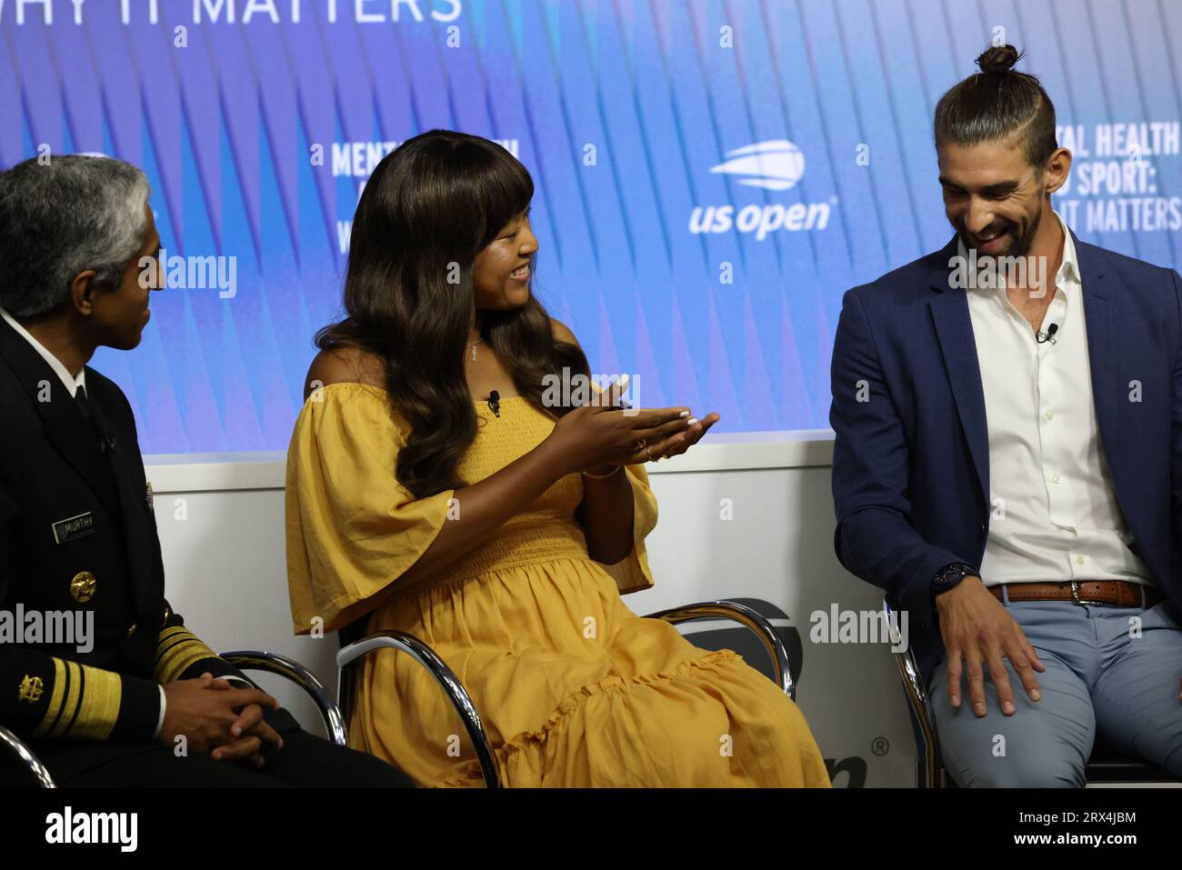 Tennis player Naomi Osaka and Olympic swimmer Michael Phelps during Mental Health and Sport Press conference at US Open on 6 September 2023.  From Left to Right:  Also in attendance were US Surgeon General  Dr. Vivek H. Murthy, and USTA President Dr. Brian Hainline Stock Photo