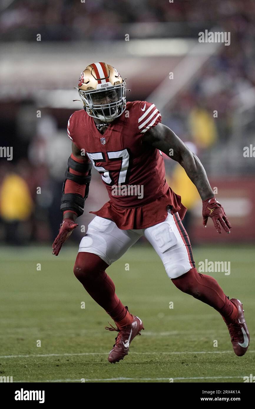 San Francisco 49ers linebacker Dre Greenlaw (57) runs onto the field during  an NFL football game against the New York Giants, Thursday, Sept. 21, 2023,  in Santa Clara, Calif. (AP Photo/Scot Tucker