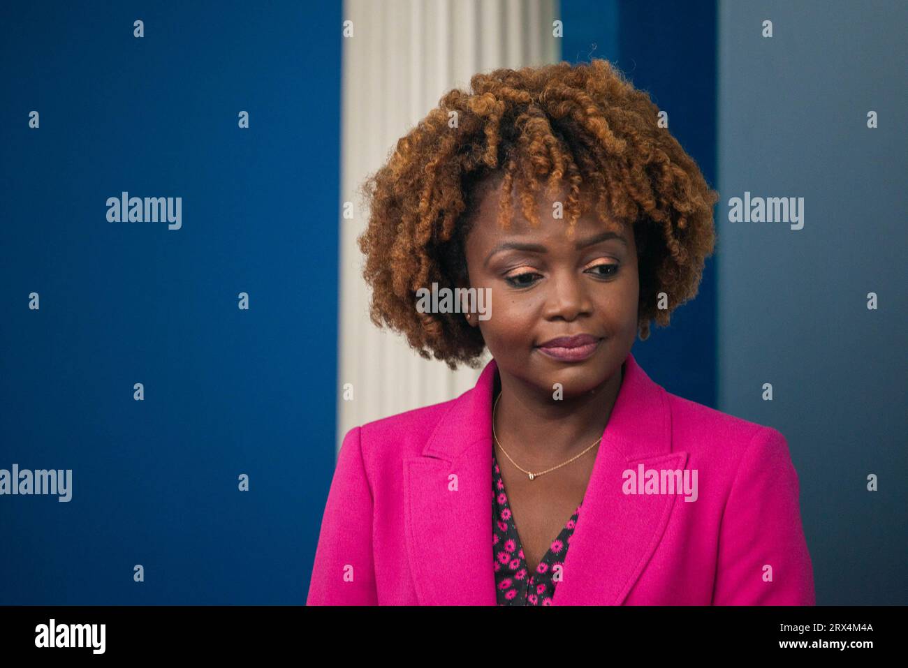 White House Press Secretary Karine Jean-Pierre listens as United States Representative Lucy McBath (Democrat of Georgia) gives remarks to press during the daily press briefing at the White House on September 22, 2023. Credit: Annabelle Gordon/CNP /MediaPunch Stock Photo
