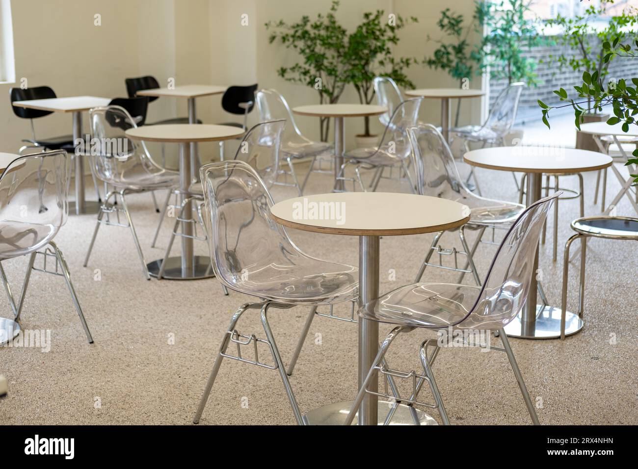 Table Inside Cafe Seating inside the cafe or restaurant, with transparent chairs and ...