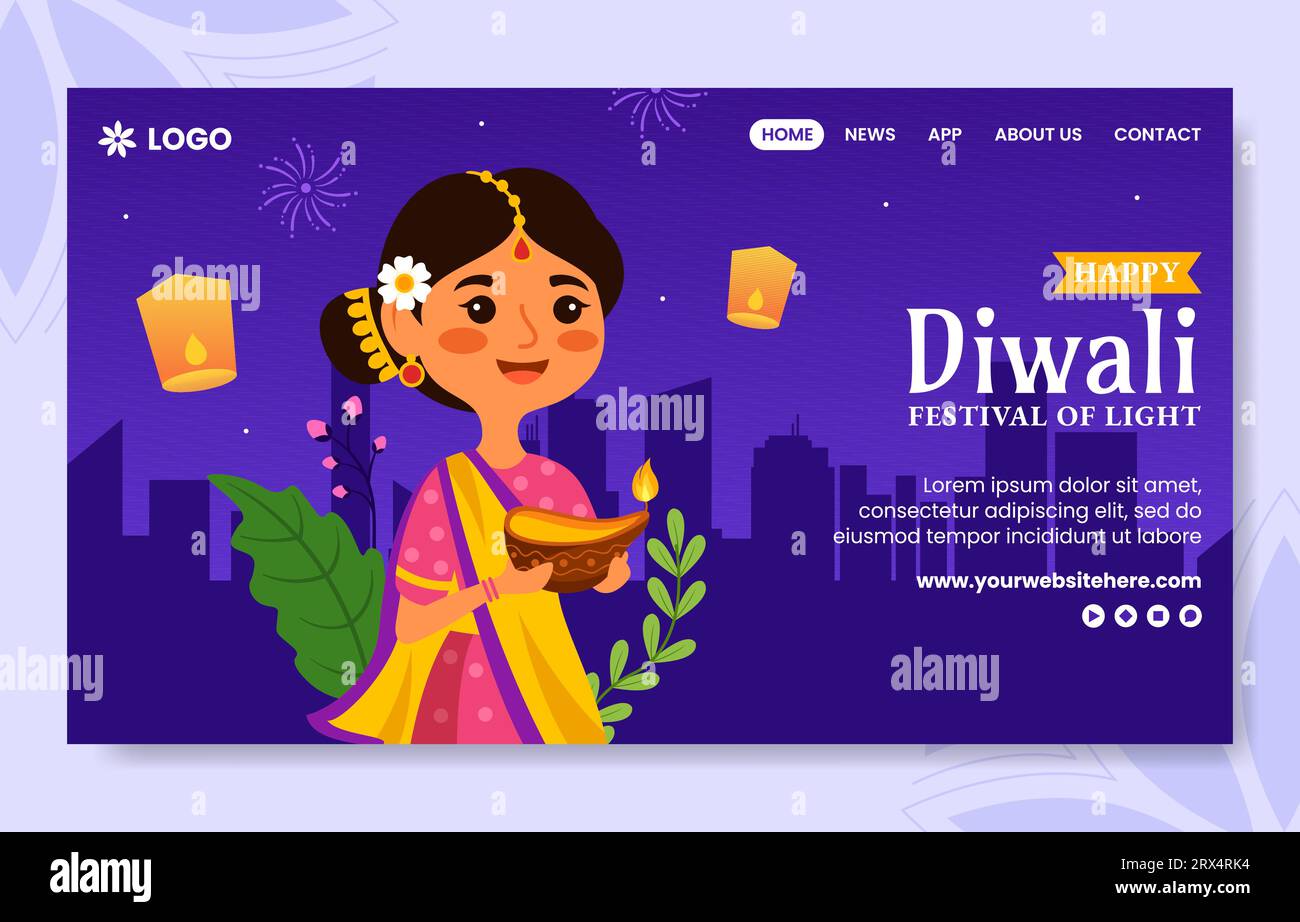 Happy Diwali Social Media Landing Page Cartoon Hand Drawn Templates Background Illustration Stock Vector