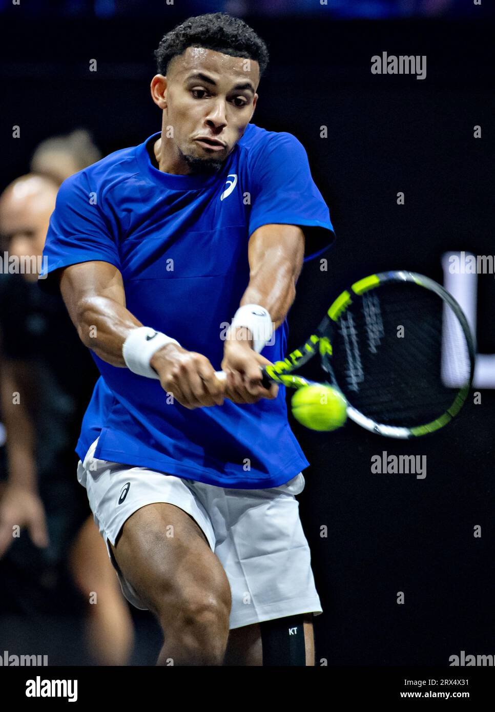 Vancouver, Canada. 22nd Sep, 2023. Arthur Fils of France hits a return to Ben Shelton of the United States during the Laver Cup in Vancouver, Canada, on Sept. 22, 2023. Credit: Andrew Soong/Xinhua/Alamy Live News Stock Photo