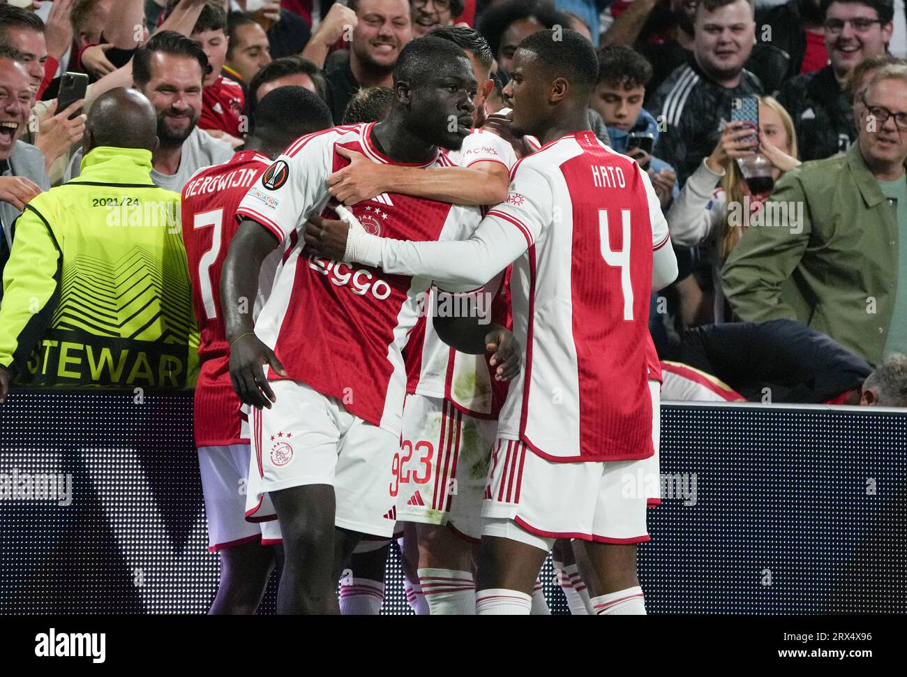 Celebration Goal Carlos Forbs of Ajax Amsterdam during the League Europa football match between Ajax Amsterdam and Olympique Marseille on September 21, 2023 at Amsterdam ArenA stadium in Amsterdam, Netherlands. Photo by Laurent Lairys/ABACAPRESS.COM Stock Photo