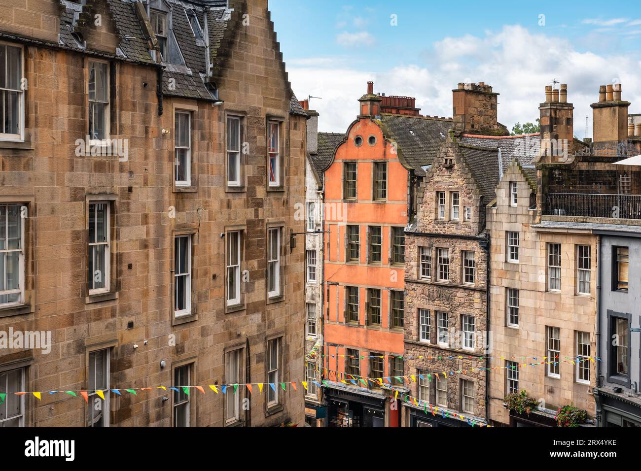 Victoria Street in downtown Edinburgh decorated with flags for the