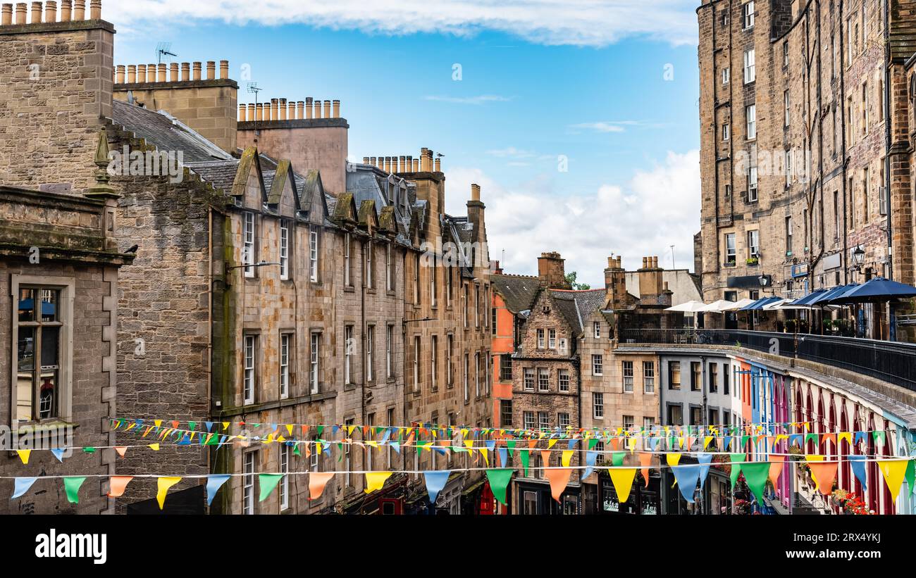 Victoria Street in downtown Edinburgh decorated with flags for the