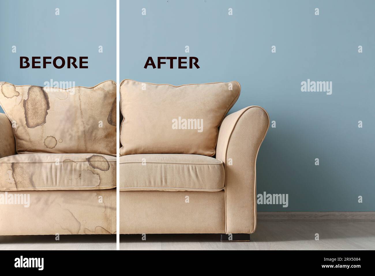 Beige sofa before and after drycleaning in room Stock Photo Alamy