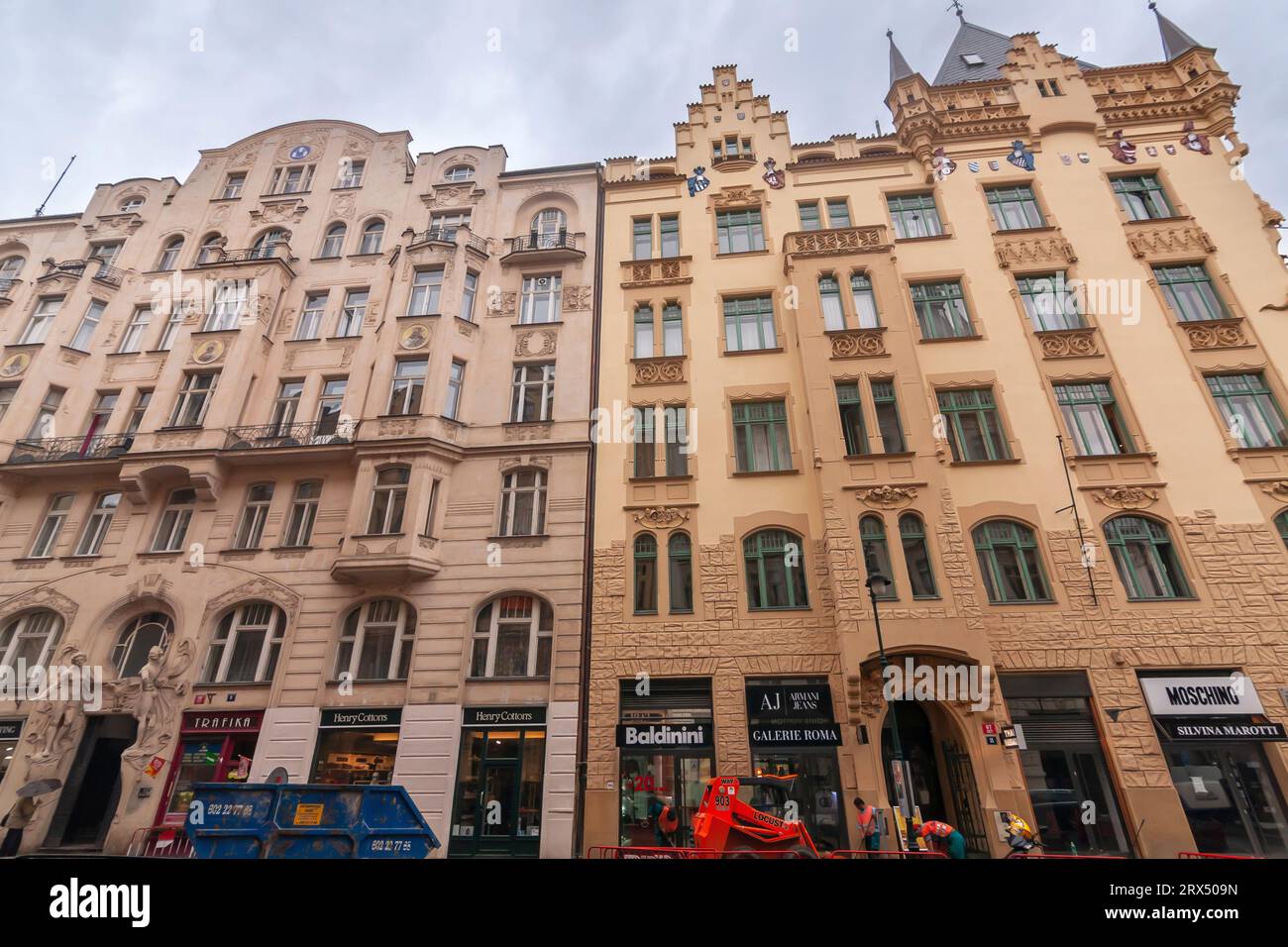 Prague, Czech Republic - August 17, 2010: The apartment building Široká 9 (left) in the art nouveau style and the House at St. George's (right) Stock Photo