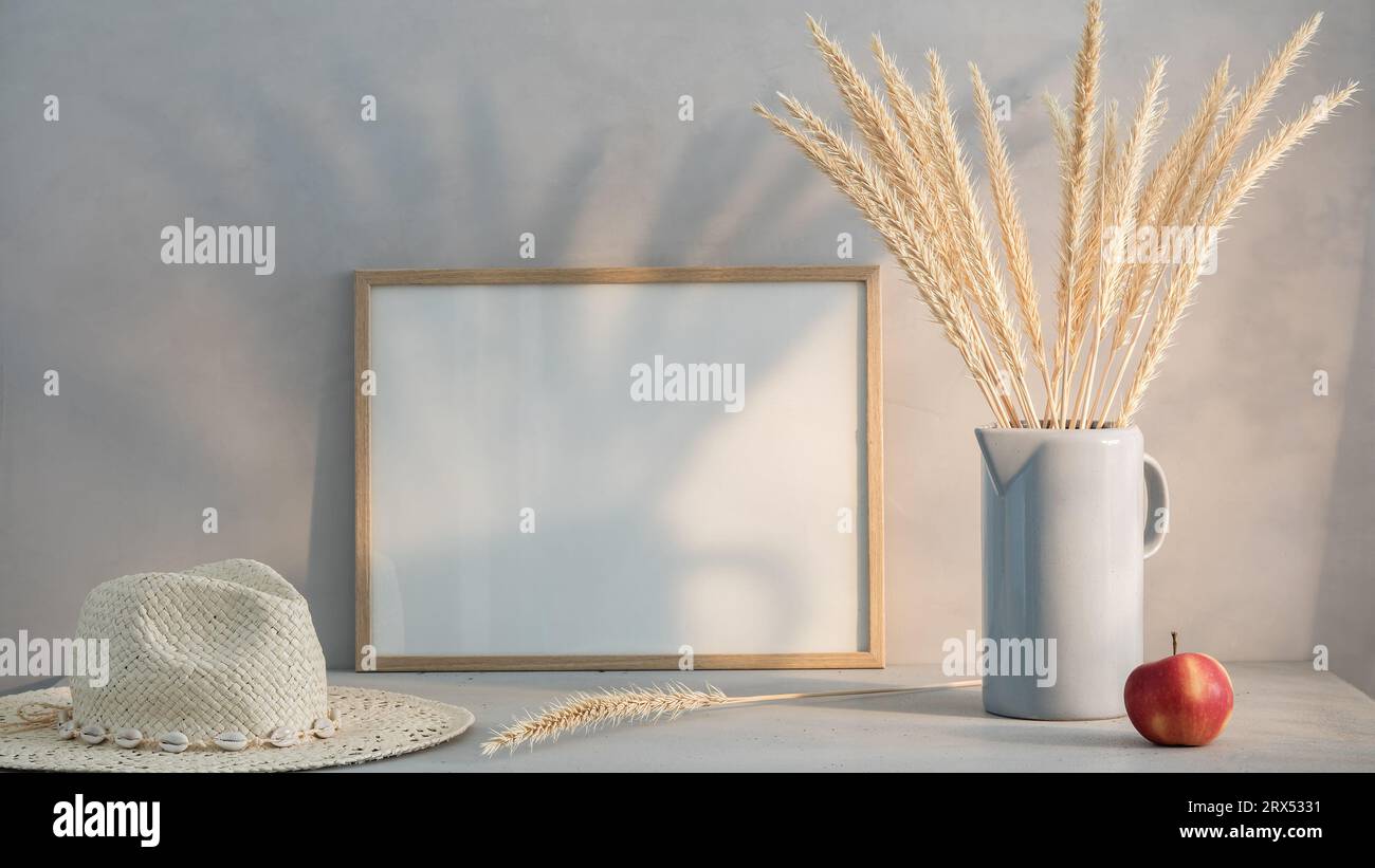 In sunset sunlight, minimalistic monochrome rural background with mockup for image or text Stock Photo
