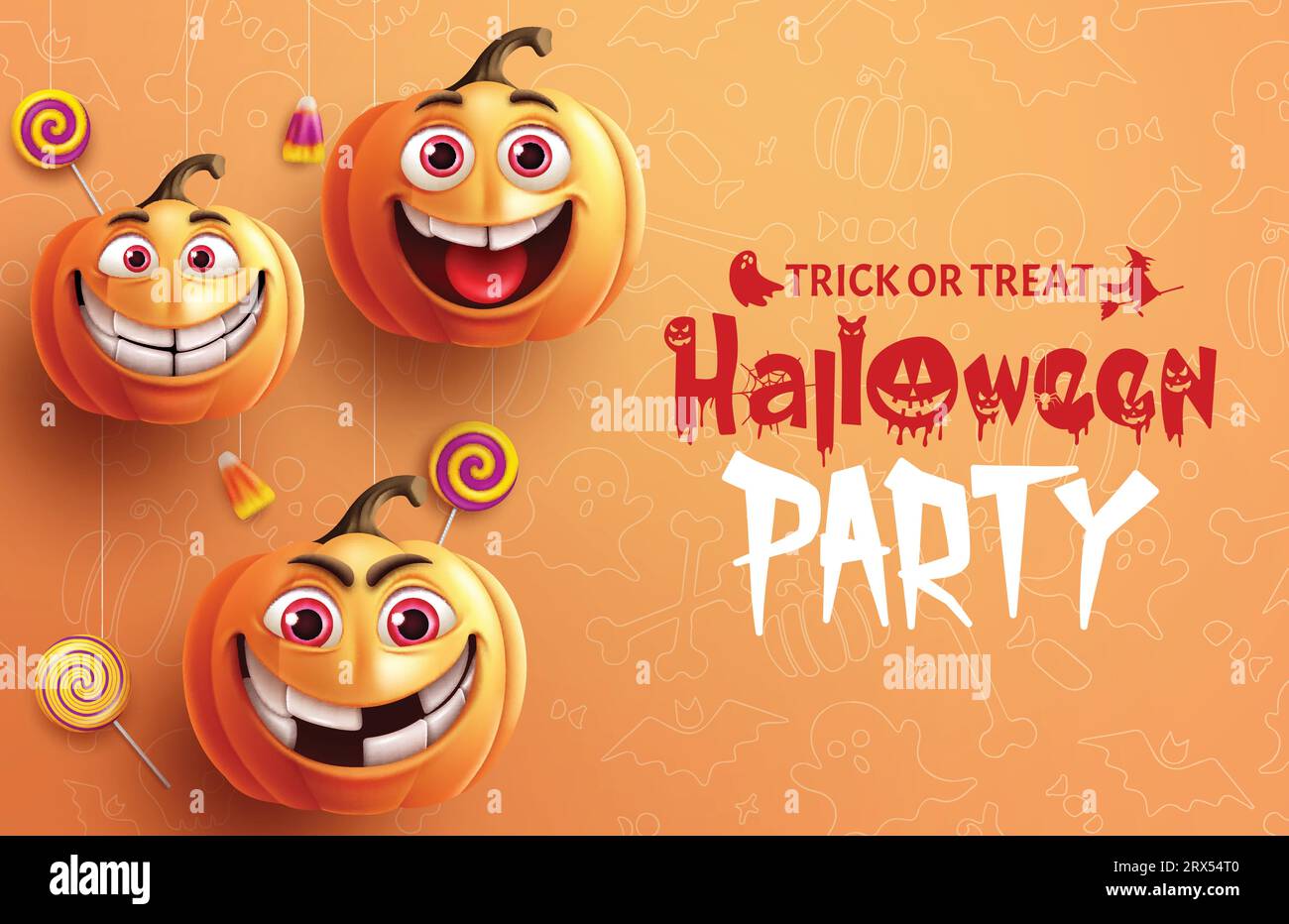 Halloween party text vector design. Halloween trick or treat invitation card with pumpkins smiling character elements in orange background. Vector Stock Vector