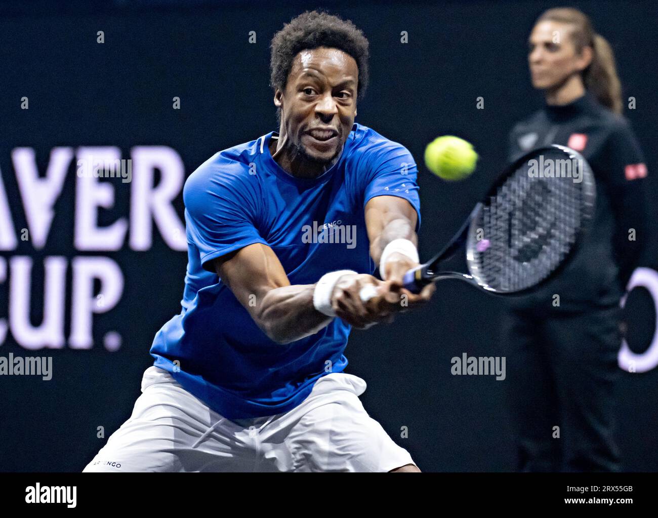 Vancouver, Canada. 22nd Sep, 2023. Gael Monfils of Team Europe returns the  ball in his singles match against Felix Auger-Aliassime of Team World at  the Laver Cup between Team Europe and Team