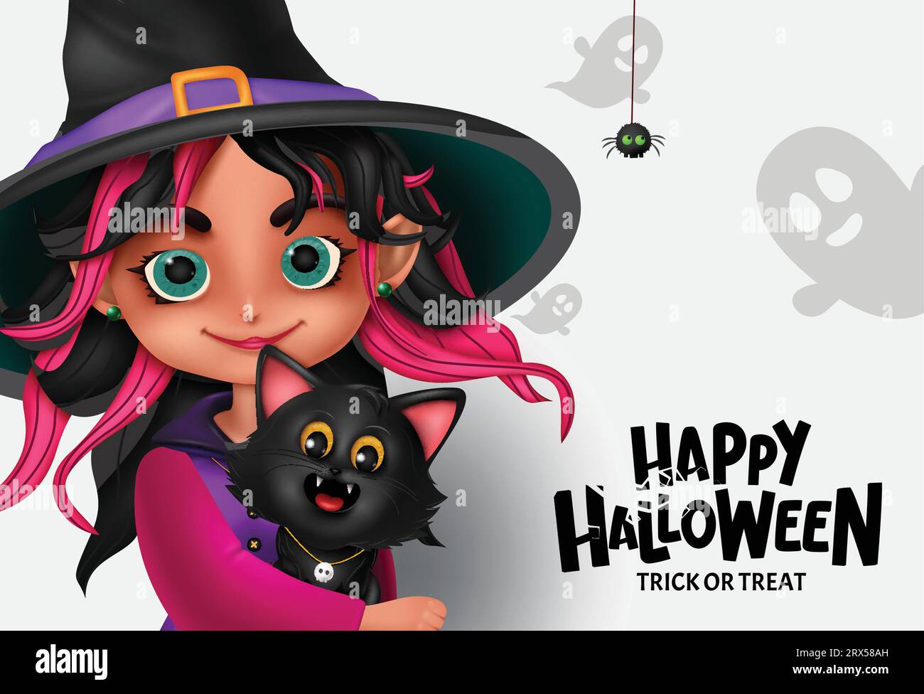 Halloween witch character vector design. Happy halloween greeting text with cute beautiful witch girl costume for kids party trick or treat Stock Vector