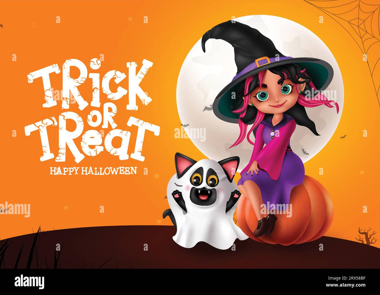 Halloween witch girl character vector design. Happy halloween trick or treat greeting with cute woman witch costume for kids costume party celebration Stock Vector