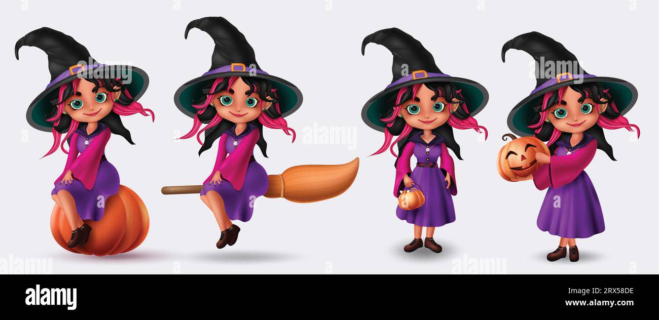 Halloween witch girl characters vector set design. Halloween character of young, beautiful, lovely and cute witch girl in standing, seating and flying Stock Vector