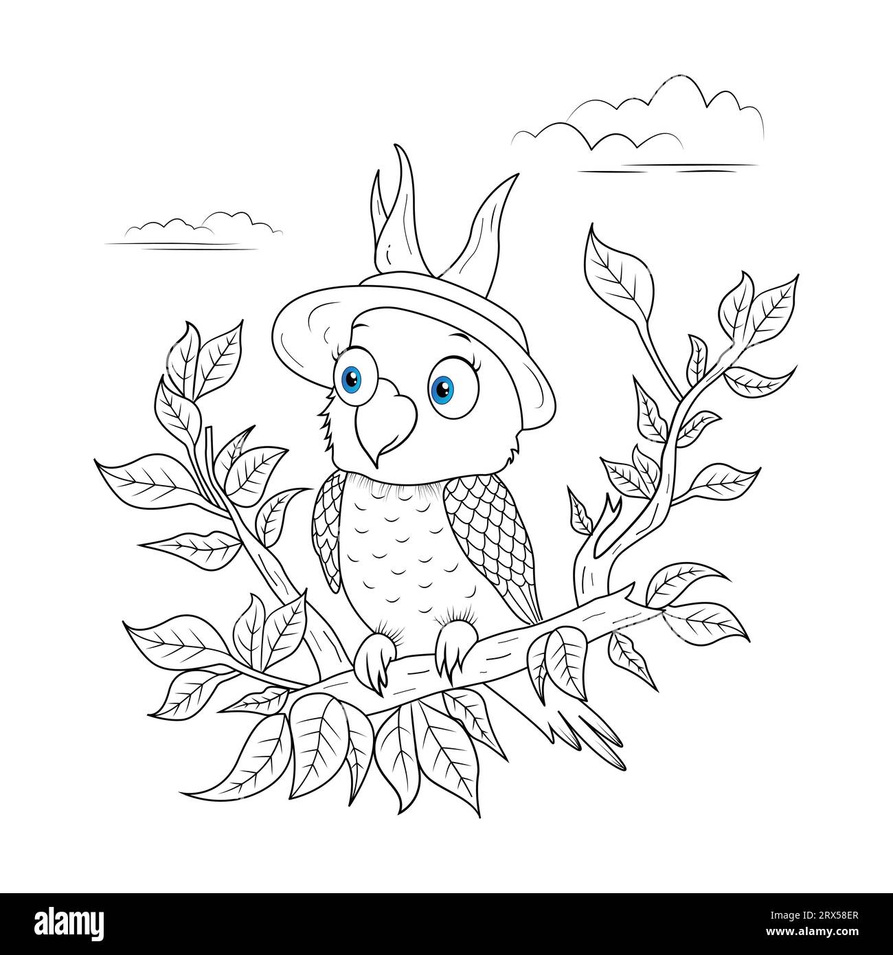 Coloring page, cute and calm parrot sits on the tree branch and leafs Stock Vector