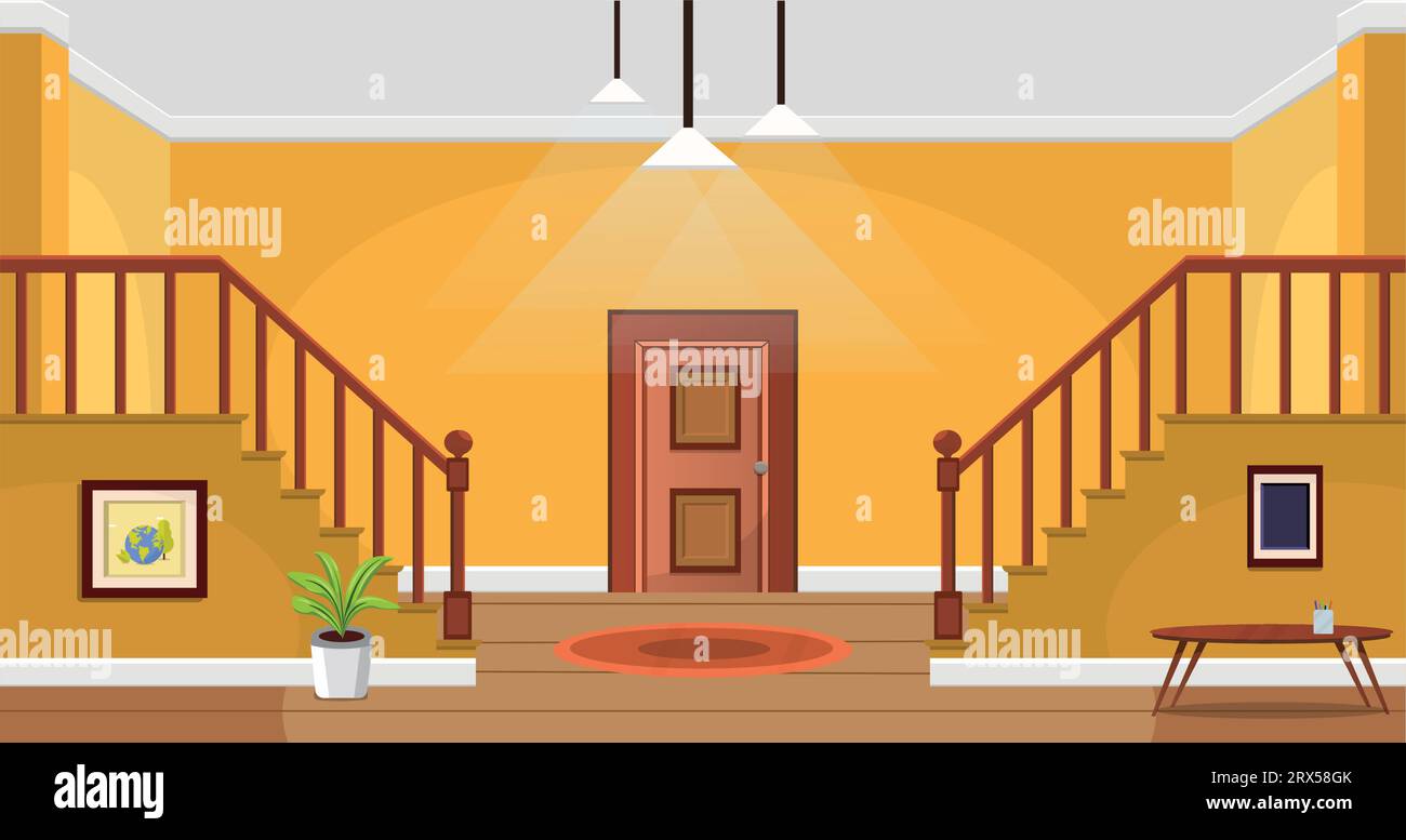 Room interior, cartoon living room, big house with furniture and stairs Stock Vector