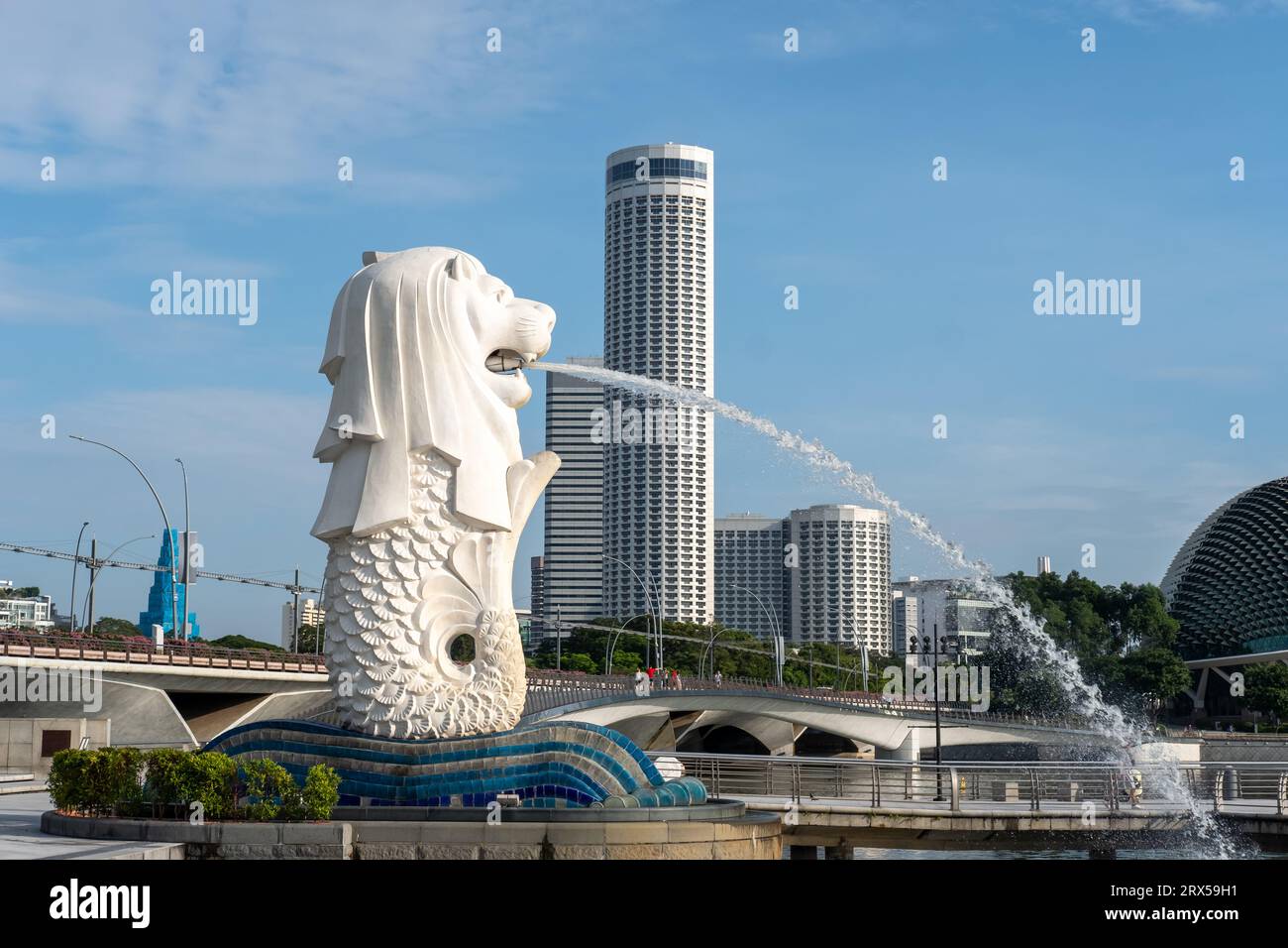 Singapore - 22 October 2022: Merlion Statue at Merlion Park, it is a mythical creature with a lion's head and the body of a fish. It is used as a masc Stock Photo