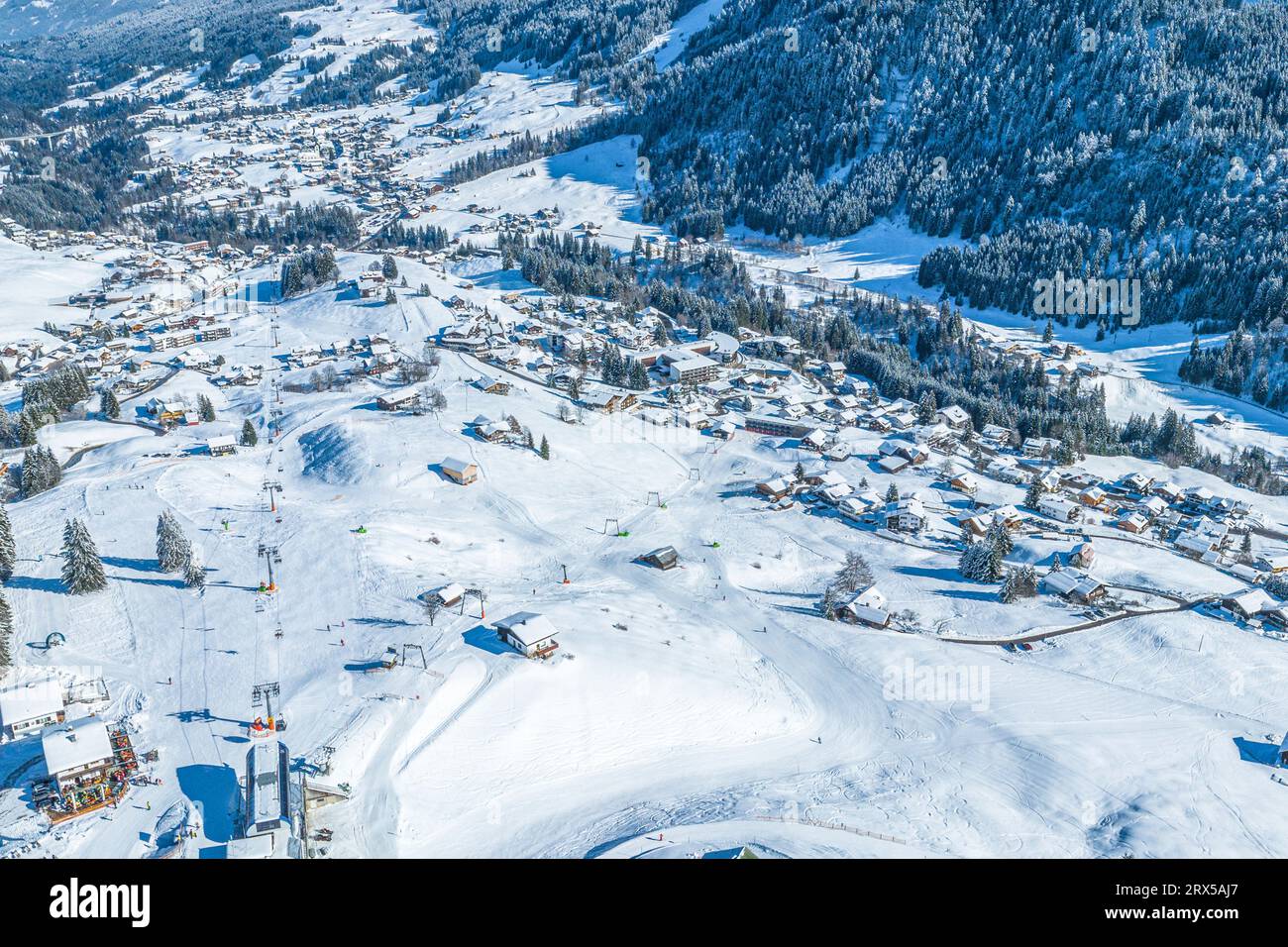 Fantastic view of the Kleinwalsertal region on a beautiful winter day with fresh new snow and sunshine Stock Photo