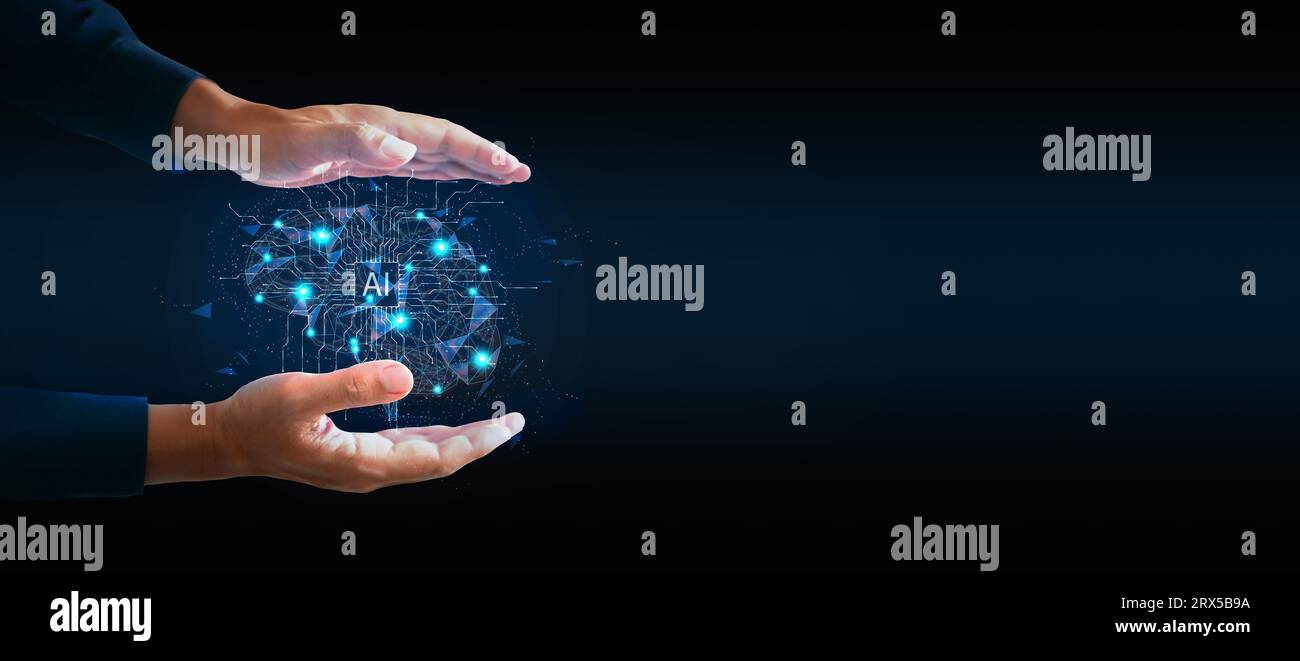Brain of AI. Low poly wireframe mesh of artificial intelligence. Polygonal art on a man's hands. Human use AI Stock Photo
