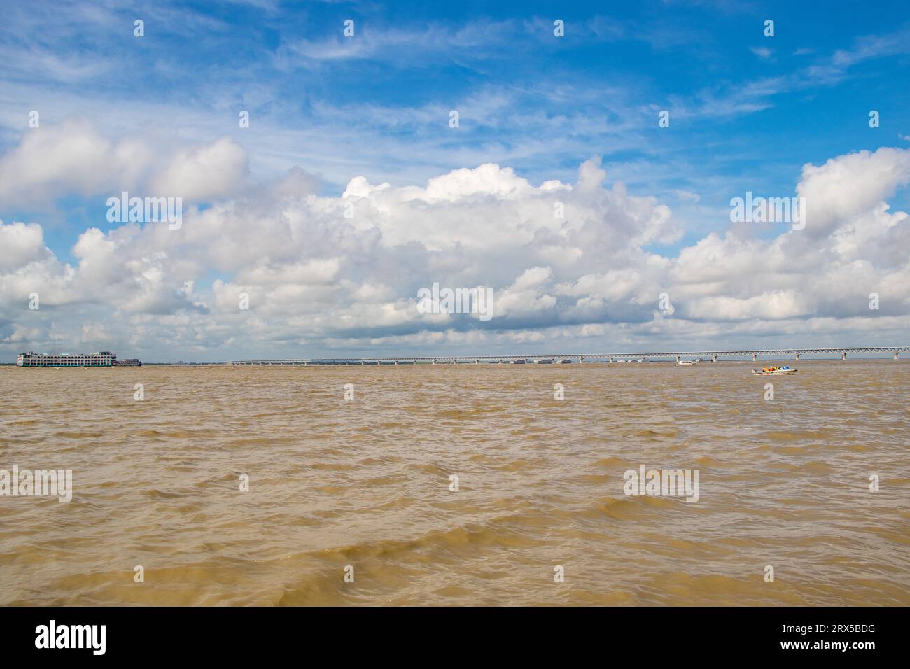 Padma Bridge exclusive 4k image under the beautiful cloudy sky from Padma River, Bangladesh Stock Photo