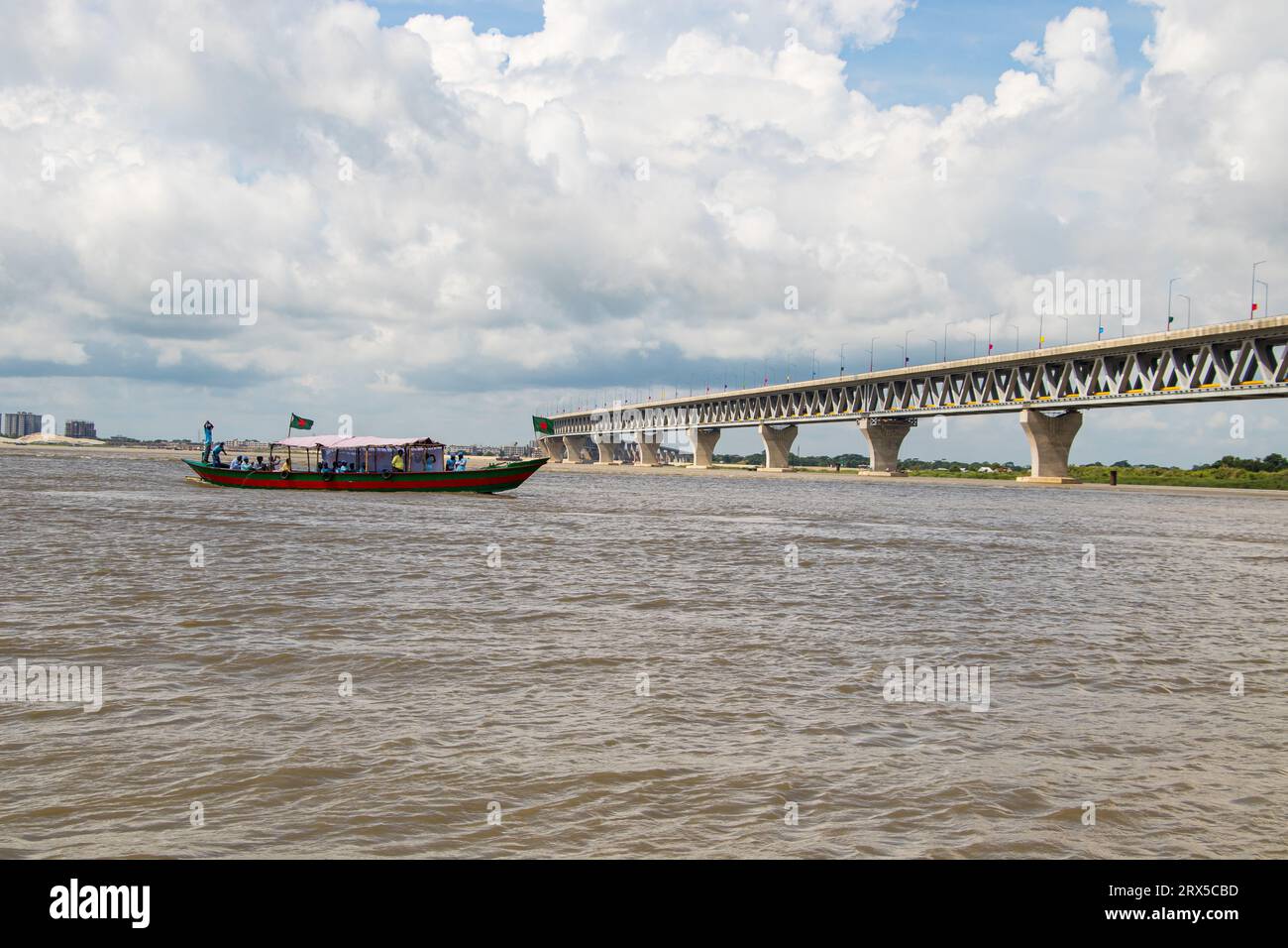 Padma Bridge exclusive 4k image under the beautiful cloudy sky from Padma River, Bangladesh Stock Photo