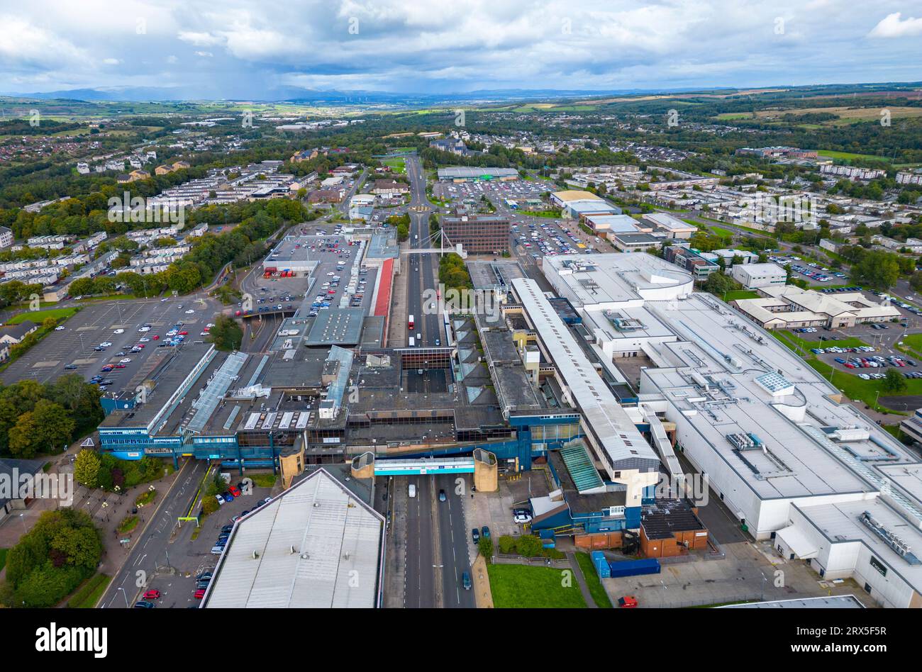 Aerial view of retail park including The Centre Cumbernauld shopping