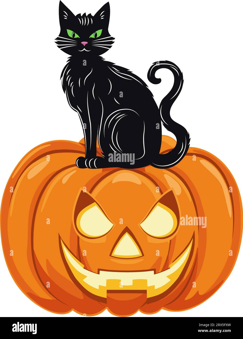 A black cat with green eyes sits on top of a jack o lantern. Cute animal and pumpkin. Traditional symbol and design element for Halloween celebration. Stock Vector