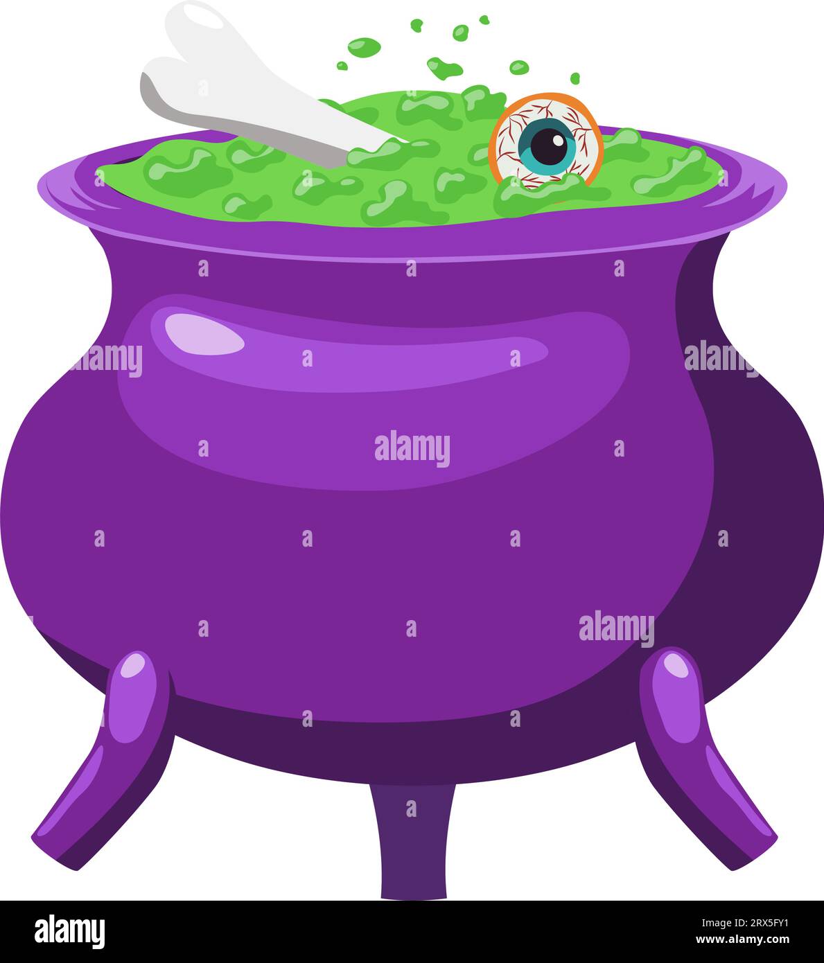 Halloween cauldron with boiling potion bone and eye. Traditional symbol and design element for Halloween celebration. Isolated witch pot graphic templ Stock Vector