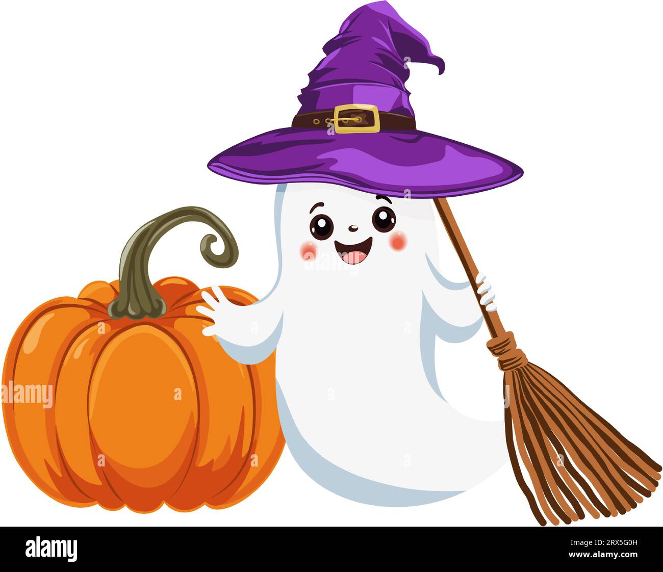 Halloween pumpkin and a cute ghost in a purple witch hat and a broom in his hand. Traditional symbol and design element for Halloween celebration. Car Stock Vector