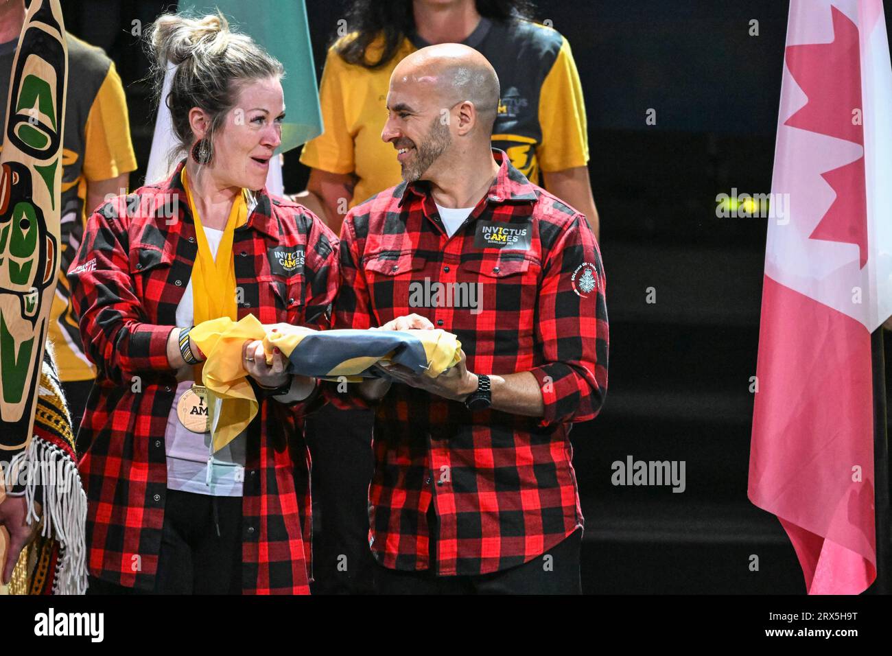The Invictus Games flag is handed to next host city Vancouver at the closing ceremony, Düsseldorf, Germany Stock Photo