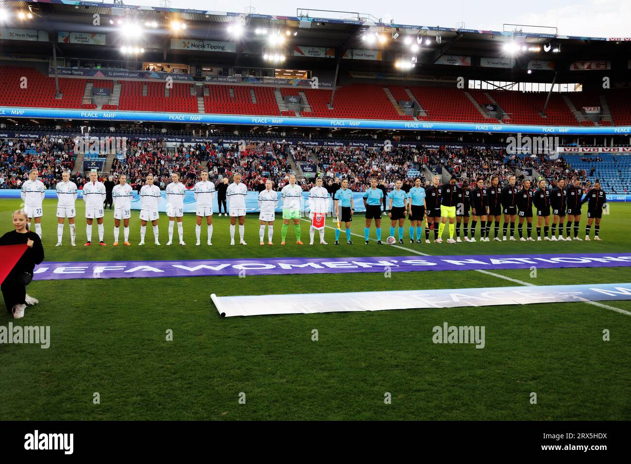 Oslo, Norway. 22nd Sep, 2023. The players from the two teams line up for the UEFA Nations League match between Norway and Austria at Ullevaal Stadion in Oslo. (Photo Credit: Gonzales Photo/Alamy Live News Stock Photo