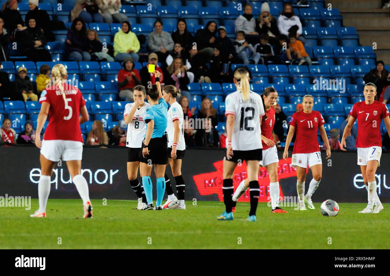 Oslo, Norway. 22nd Sep, 2023. Referee Iuliana Demetrescu books Barbara Dunst (8) of Austria during the UEFA Nations League match between Norway and Austria at Ullevaal Stadion in Oslo. (Photo Credit: Gonzales Photo/Alamy Live News Stock Photo