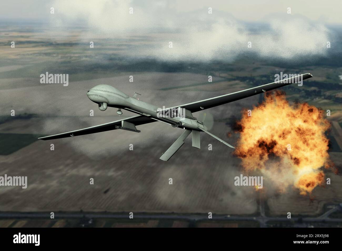 Combat attack drone dropping bombs, blowing up military facilities, flying in the clouds, aerial view, explosion of fire and smoke, war in Ukraine, Stock Photo