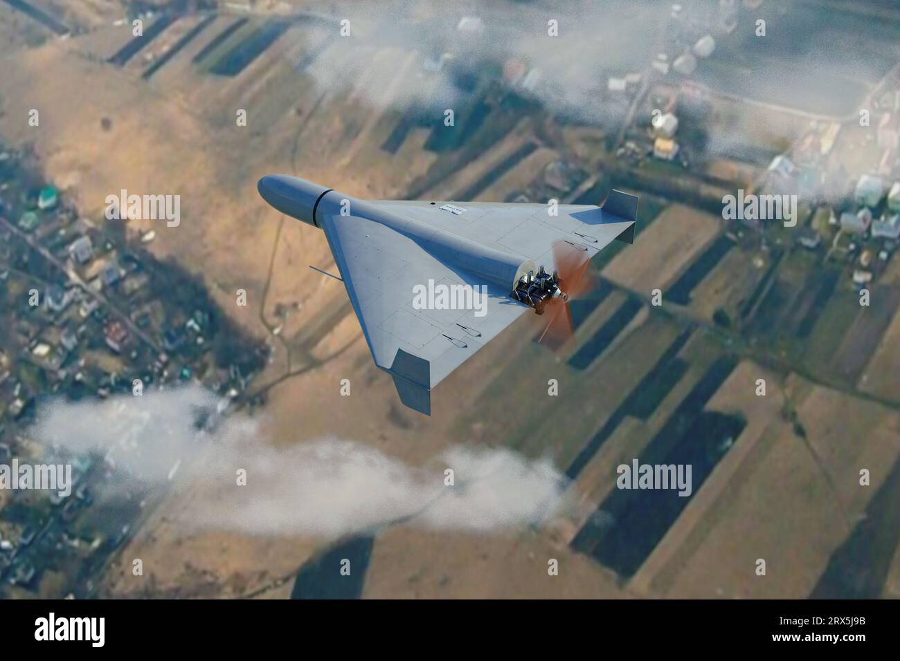 Military kamikaze drone Shahed flying in the clouds over rural landscape, Iranian combat drone in the sky, war in Ukraine, 3d render. Stock Photo