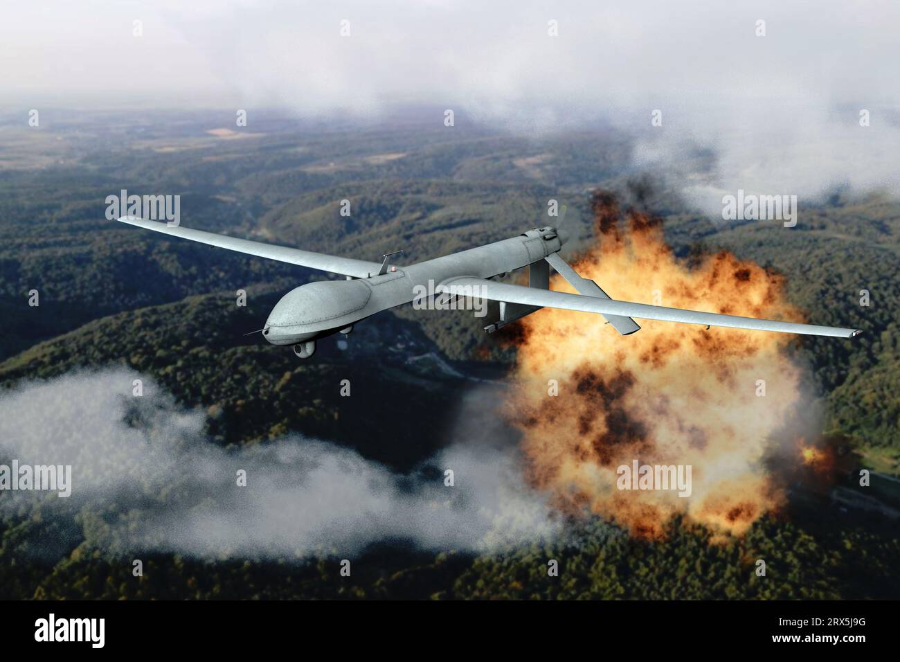 Military combat drone dropped bombs, blowing up military facilities, flying in the clouds, aerial view, drone attack, combat drone in the sky, war in Stock Photo