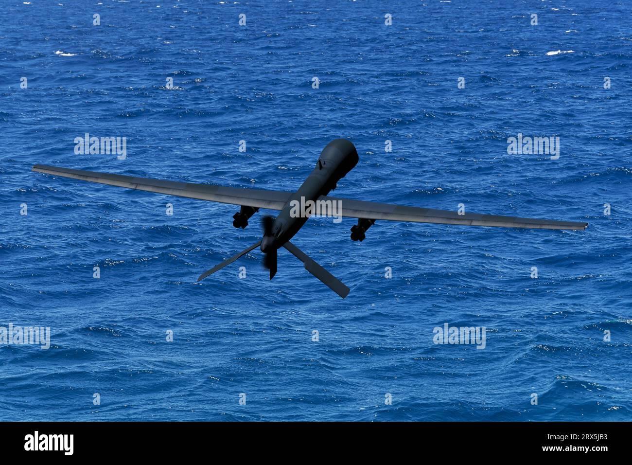 Combat surface drone attack, drone flying over the sea , war in Ukraine, air strike from the sea, Stock Photo
