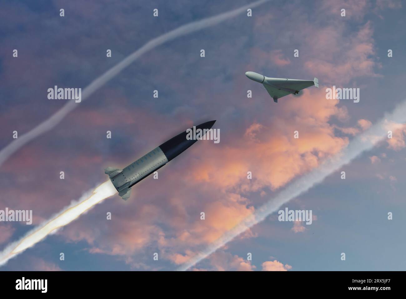 Anti-air missile shoots down drone in evening sky, missile launch trail, 3d rendering. Concept: war in Ukraine, Russian drone attack, anti-aircraft de Stock Photo