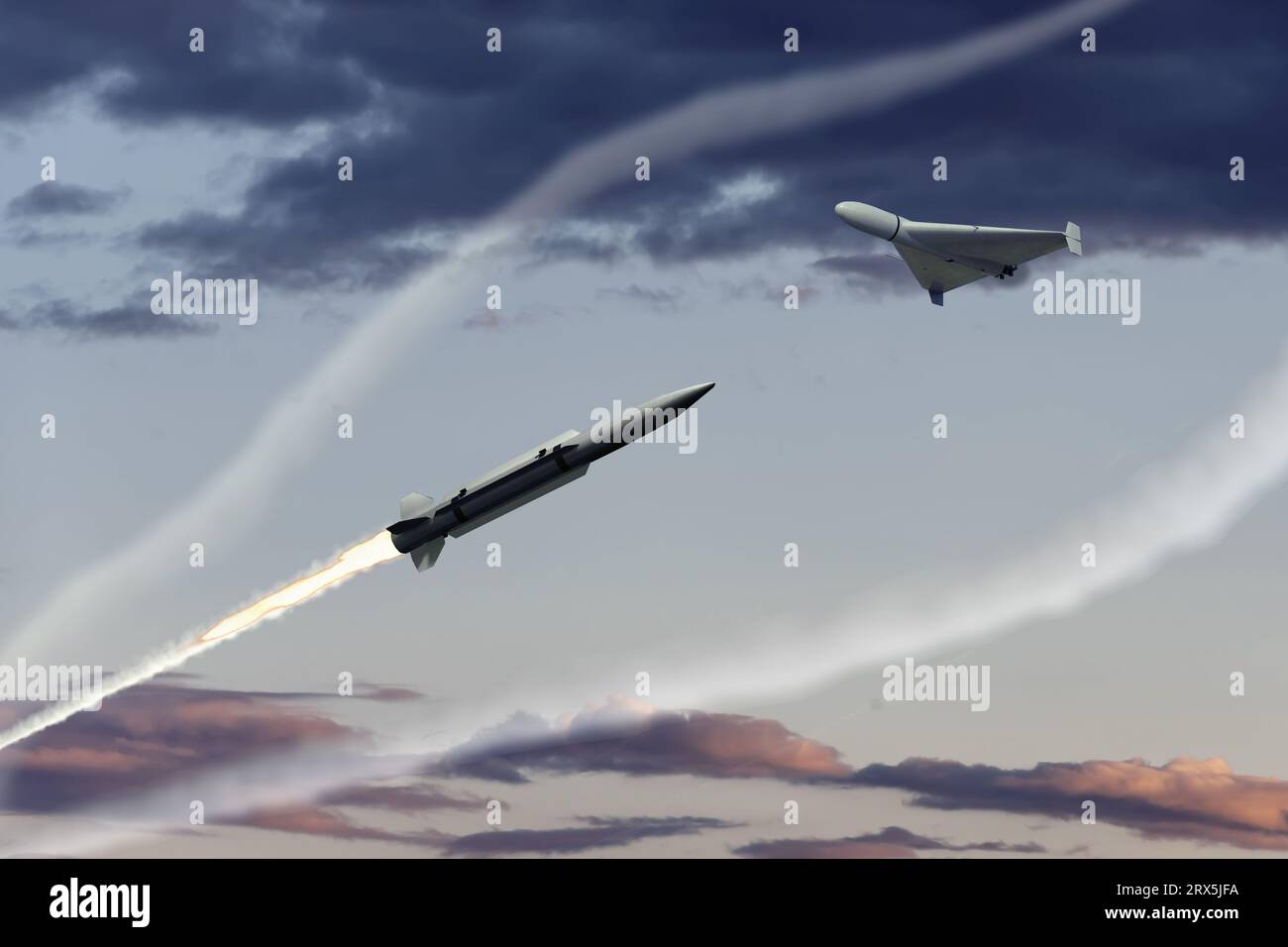 Military missile shoots down a drone in the evening sky, air defense, trace of missile launch, 3d rendering. Concept: war in Ukraine, attack of Russia Stock Photo