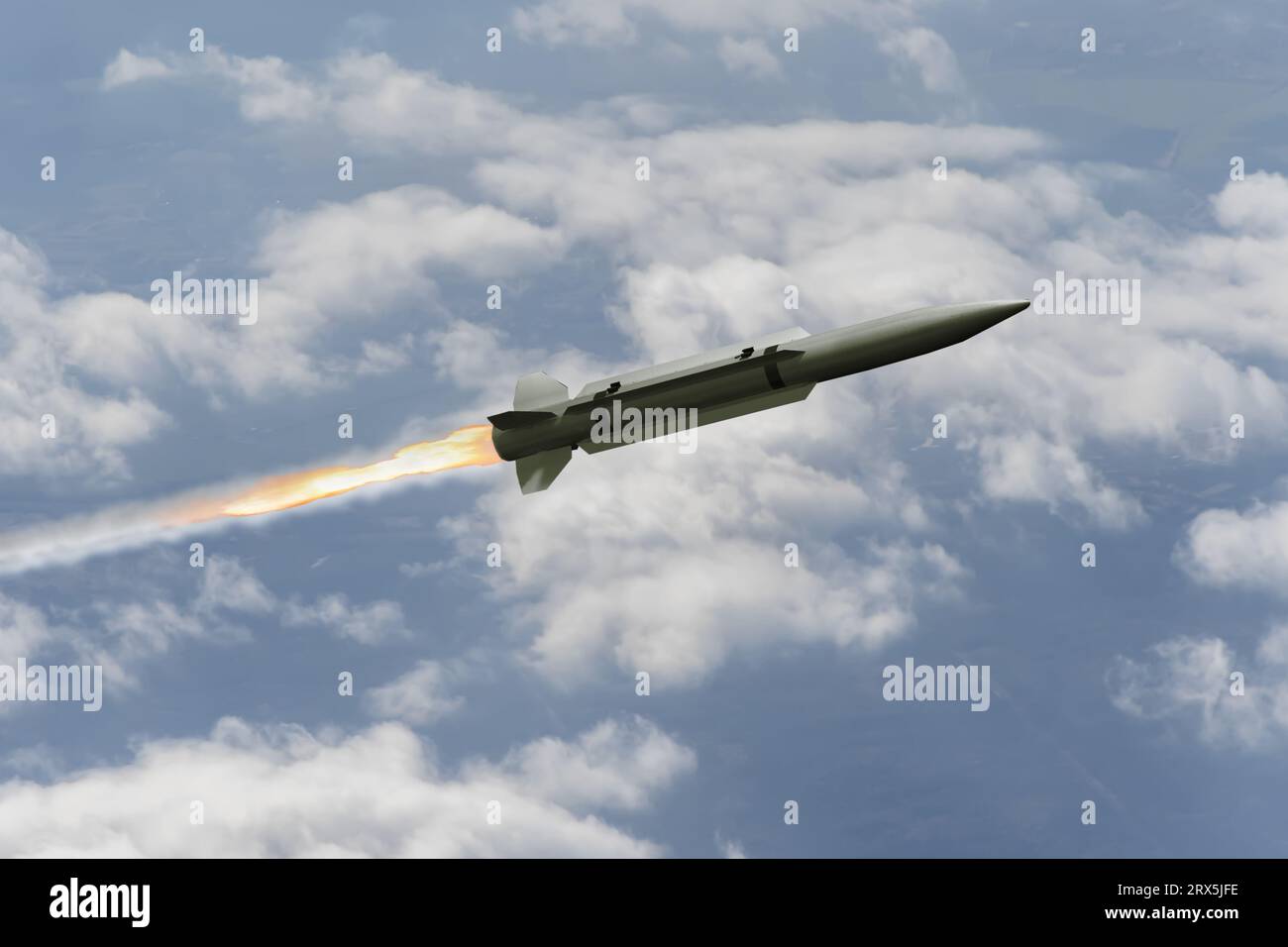 Anti-aircraft missile in the sky above the clouds, missile launch trace, 3d rendering. Concept: war in Ukraine, anti-aircraft defense by military comp Stock Photo