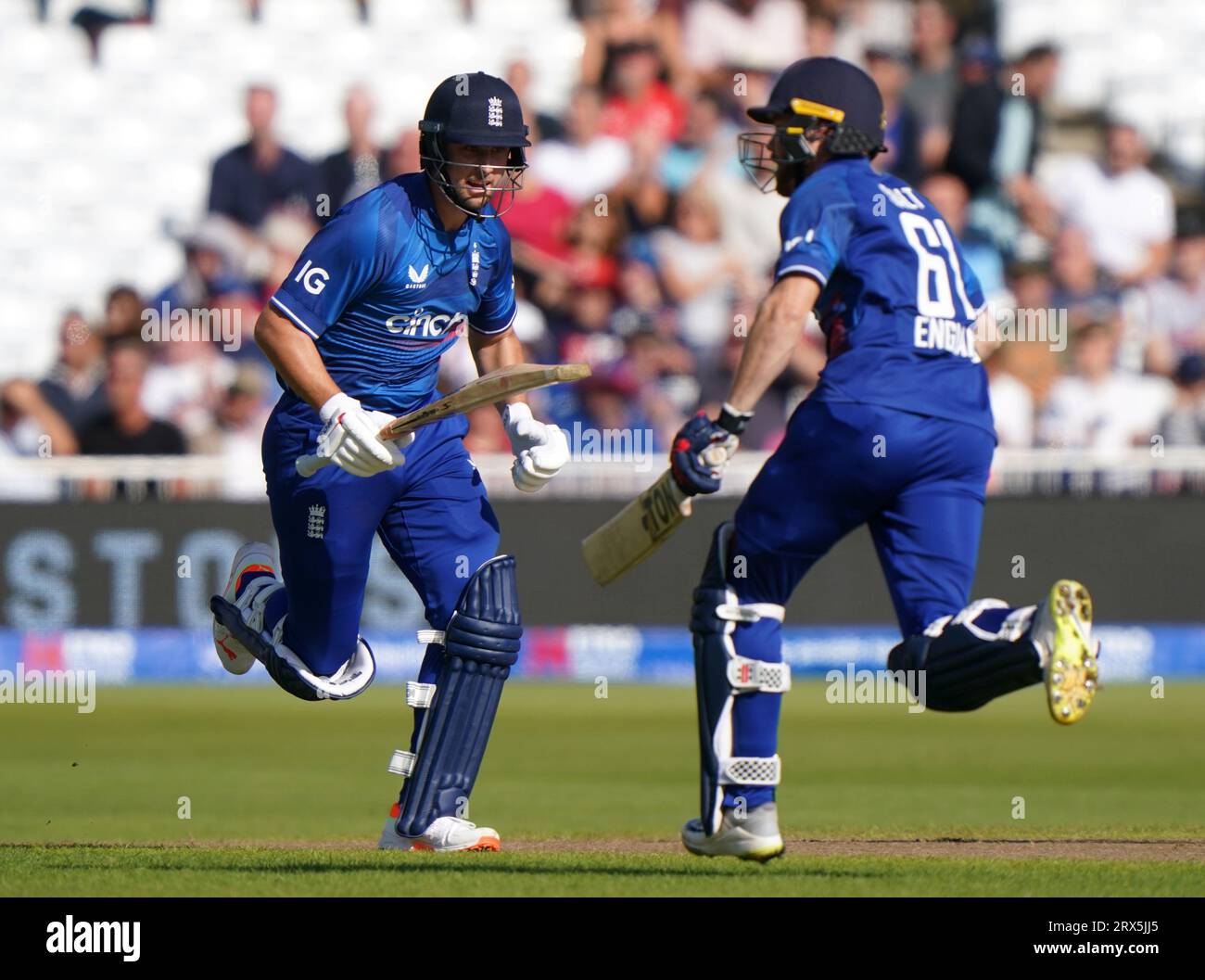 England's Will Jacks and Phil Salt make a run during the second Metro Bank One Day International match at Trent Bridge, Nottingham. Picture date: Saturday September 23, 2023. Stock Photo