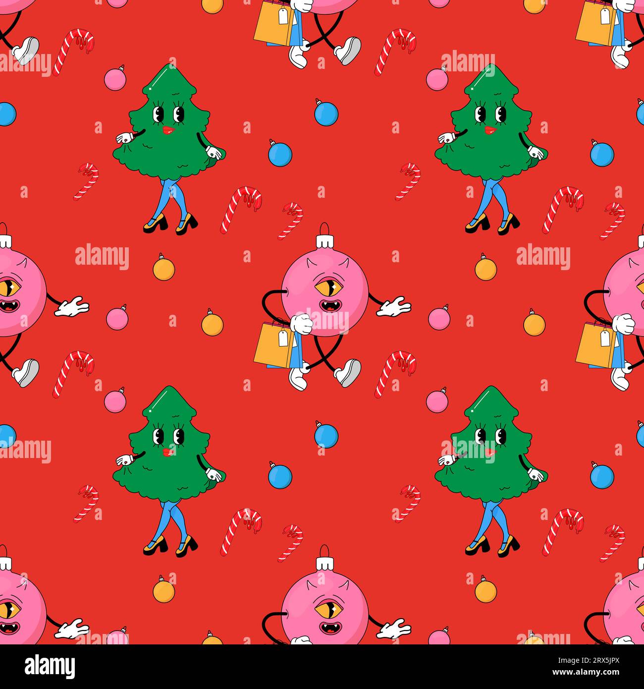 Seamless pattern, psychedelic Christmas, new year. Christmas tree and ball. Vector illustration Stock Vector