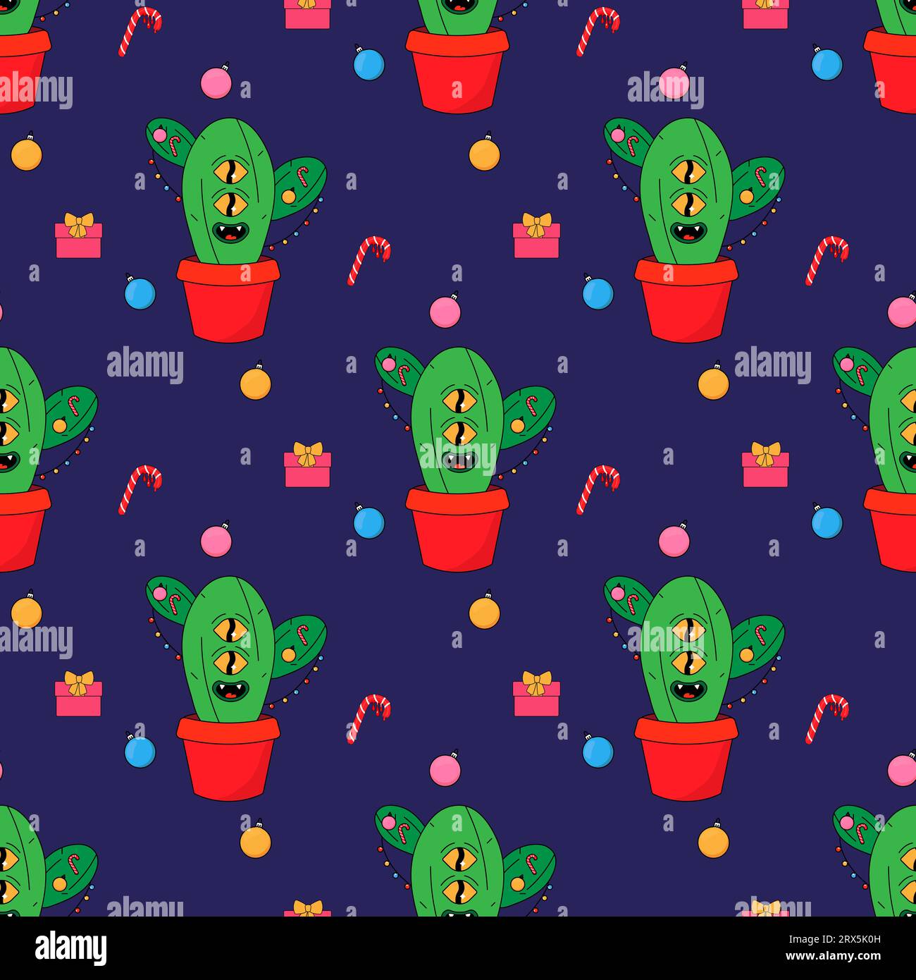 Christmas cactus eco tree. In psychedelic groovy style. Seamless pattern on fabric, wrapping paper, bedding, clothing. Stock Vector