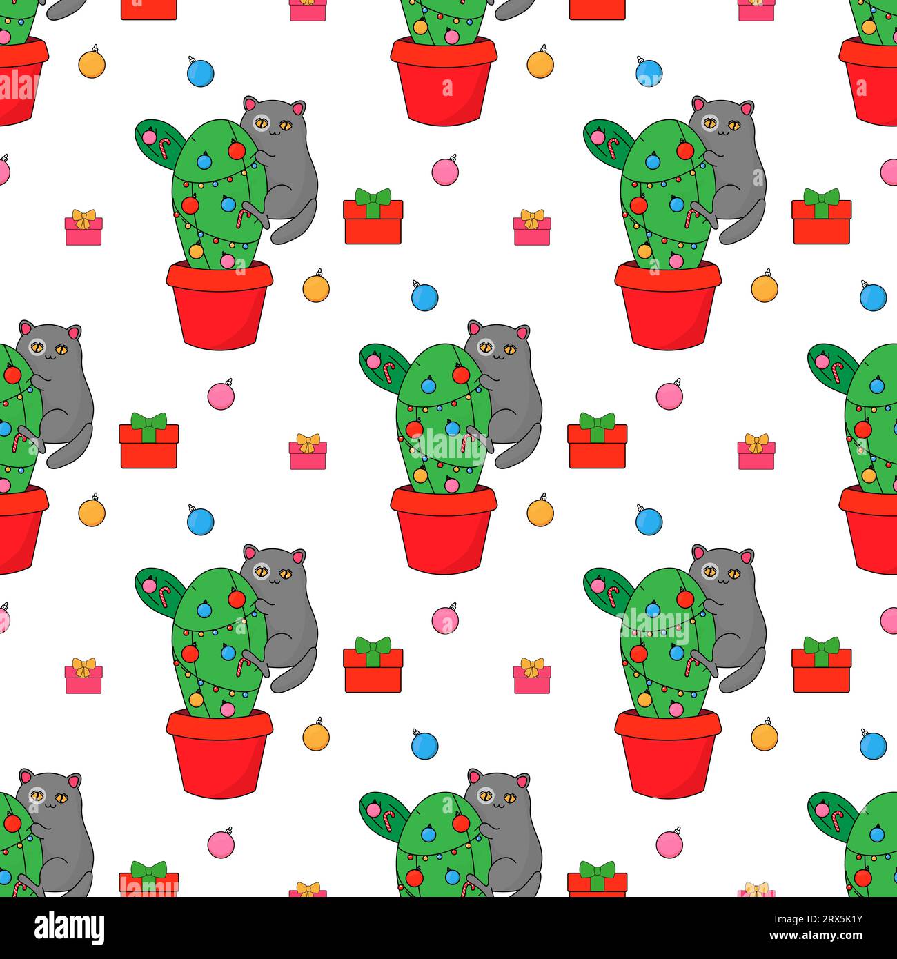 The cat and the Christmas tree, the cactus eco tree. In psychedelic groovy style. Seamless pattern on fabric, wrapping paper, bedding, clothing. Stock Vector